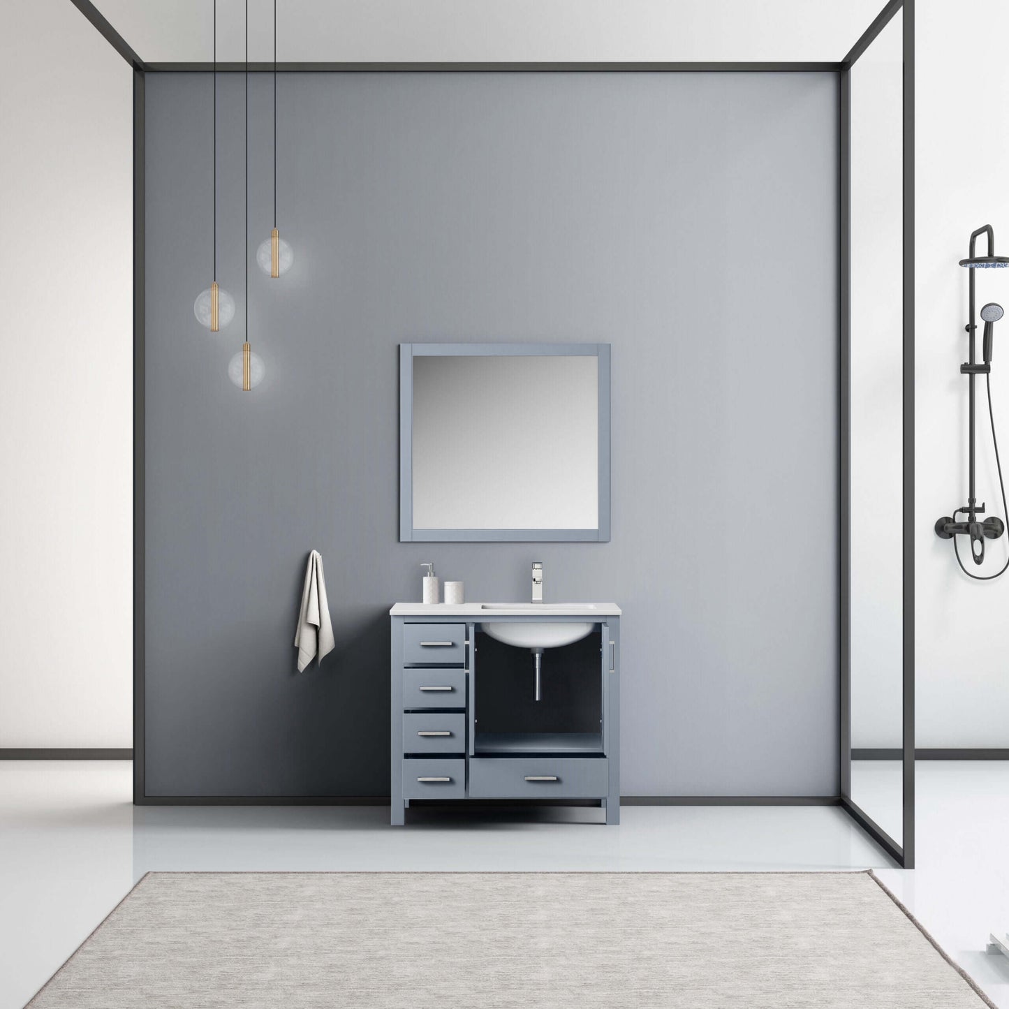 Jacques 36" Dark Grey Single Vanity, White Quartz Top, White Square Sink and 34" Mirror - Right Version - LJ342236SBWQM34R