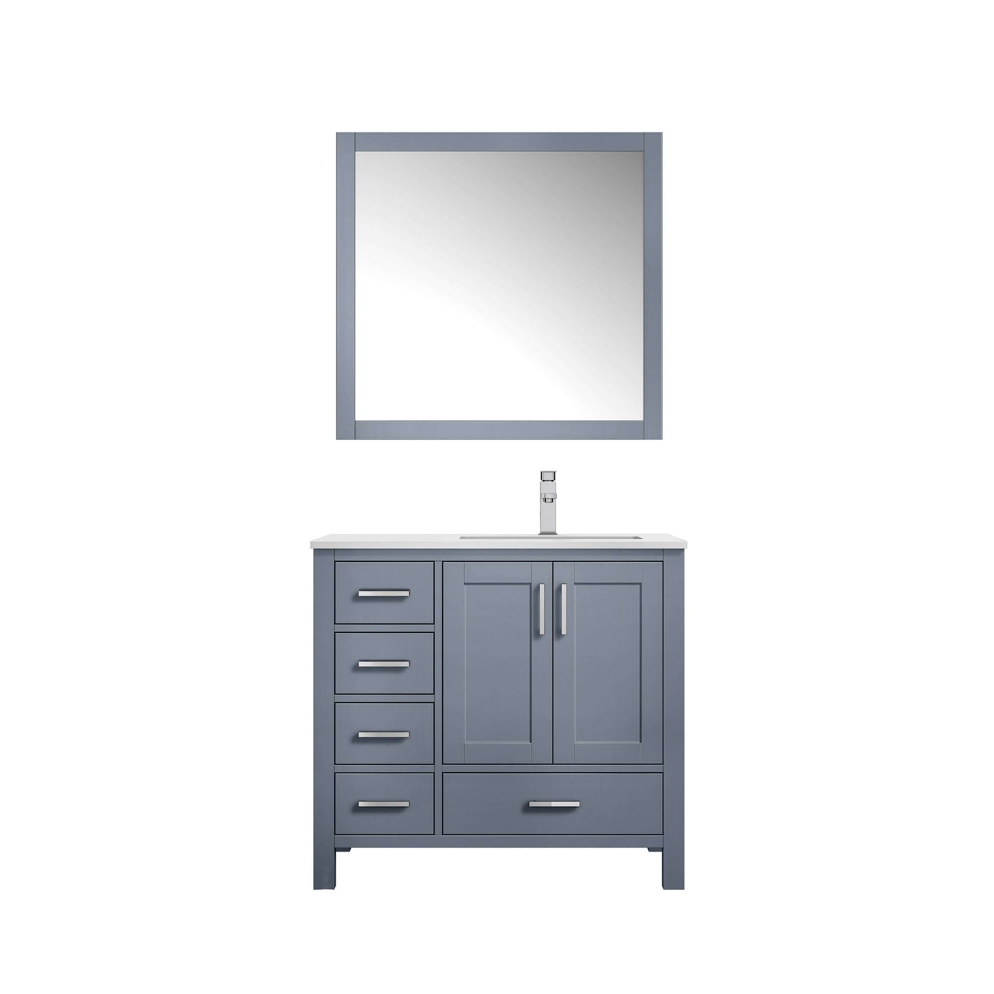 Jacques 36" Dark Grey Single Vanity, White Quartz Top, White Square Sink and 34" Mirror w/ Faucet - Right Version - LJ342236SBWQM34FR