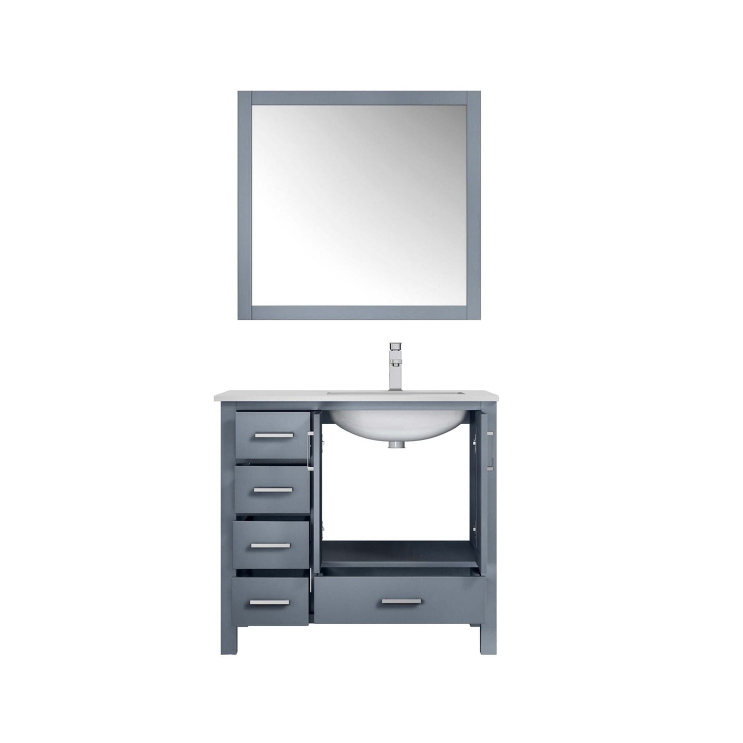 Jacques 36" Dark Grey Single Vanity, White Quartz Top, White Square Sink and 34" Mirror w/ Faucet - Right Version - LJ342236SBWQM34FR