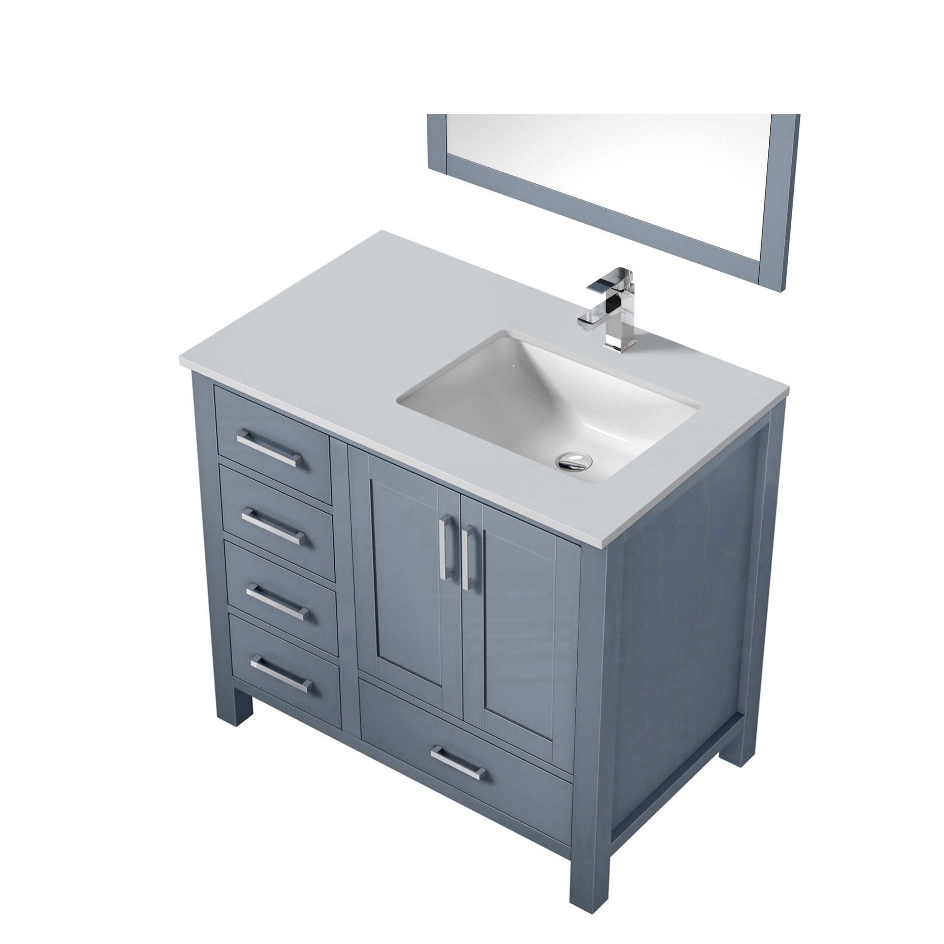 Jacques 36" Dark Grey Single Vanity, White Quartz Top, White Square Sink and 34" Mirror w/ Faucet - Right Version - LJ342236SBWQM34FR