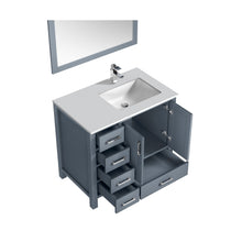 Load image into Gallery viewer, Jacques 36&quot; Dark Grey Single Vanity, White Quartz Top, White Square Sink and 34&quot; Mirror w/ Faucet - Right Version - LJ342236SBWQM34FR