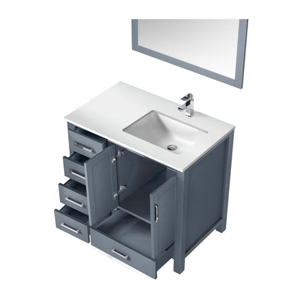 Jacques 36" Dark Grey Single Vanity, White Quartz Top, White Square Sink and 34" Mirror w/ Faucet - Right Version - LJ342236SBWQM34FR