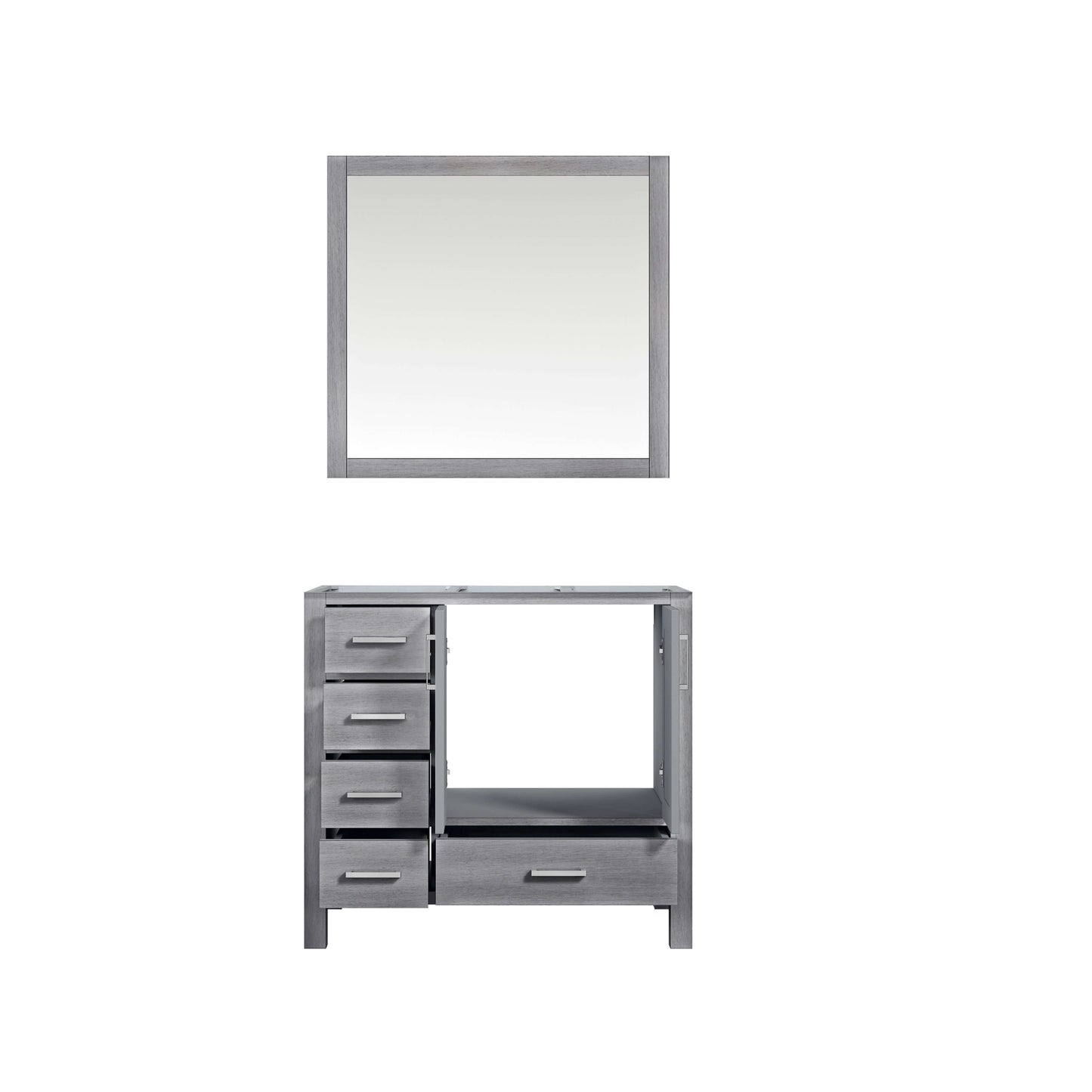 Jacques 36" Distressed Grey Single Vanity, no Top and 34" Mirror - Right Version - LJ342236SD00M34R