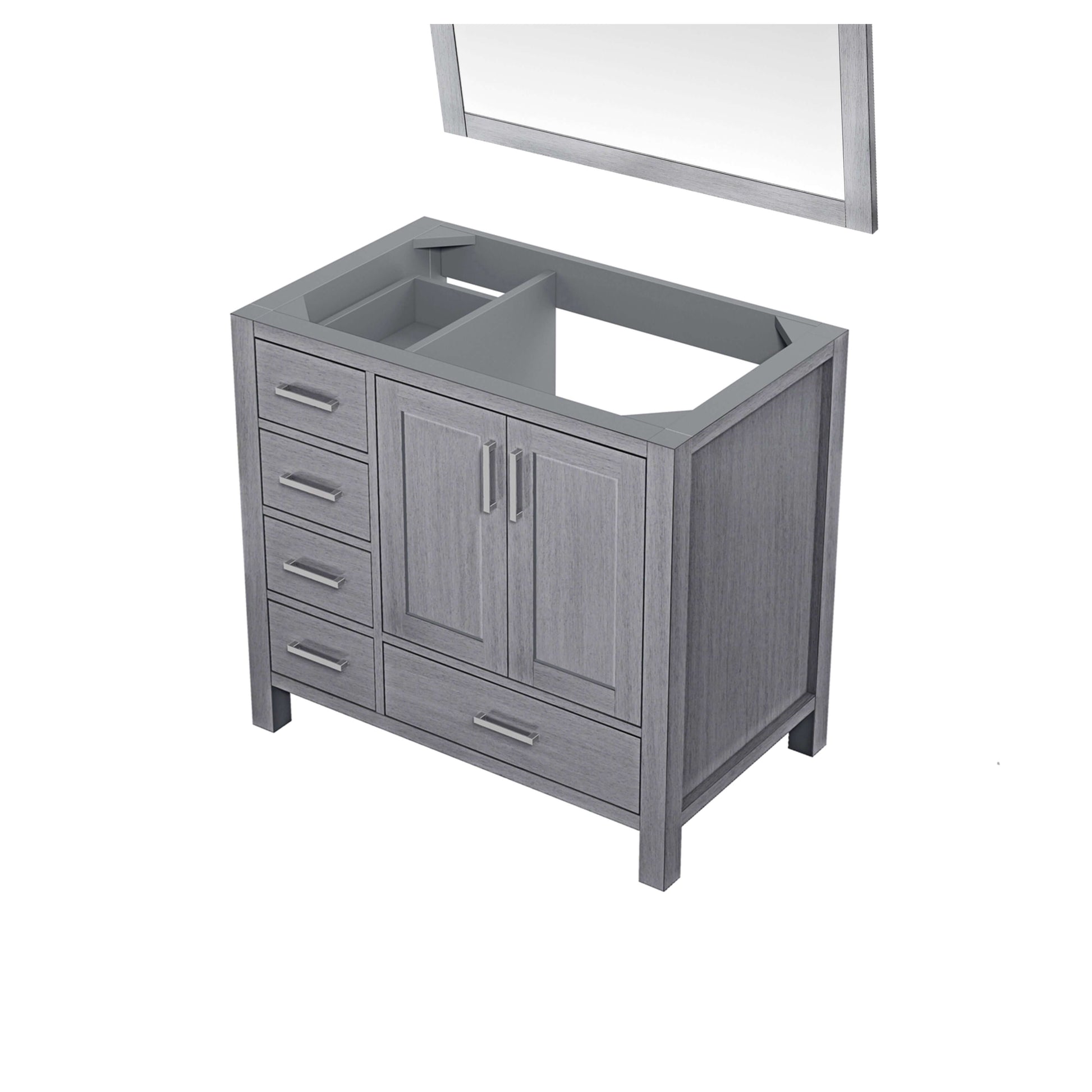 Jacques 36" Distressed Grey Single Vanity, no Top and 34" Mirror - Right Version - LJ342236SD00M34R