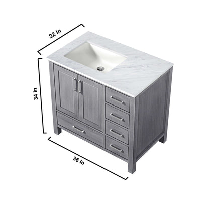 Jacques 36" Distressed Grey Single Vanity, White Carrara Marble Top, White Square Sink and no Mirror - Left Version - LJ342236SDDS000L