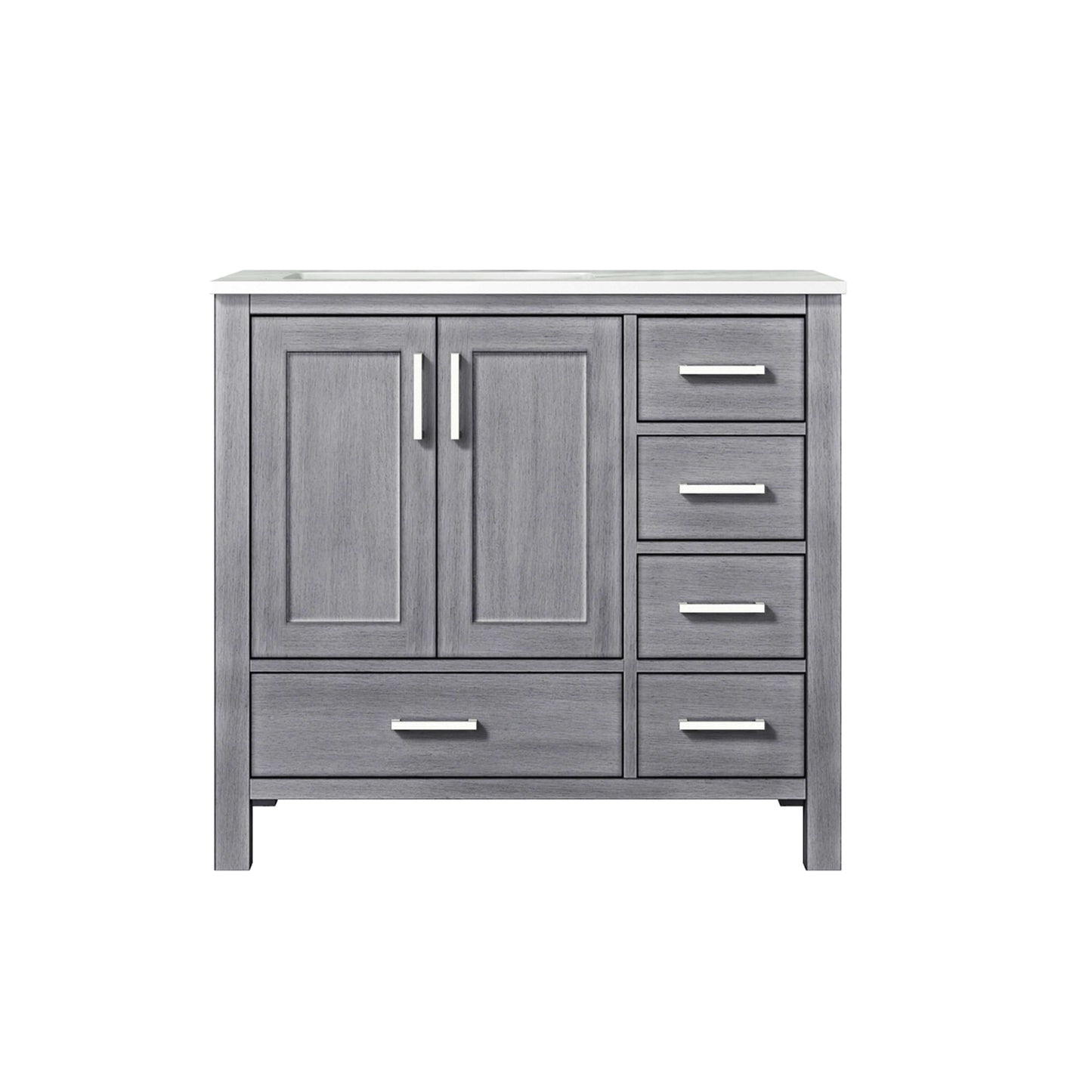 Jacques 36" Distressed Grey Single Vanity, White Carrara Marble Top, White Square Sink and no Mirror - Left Version - LJ342236SDDS000L