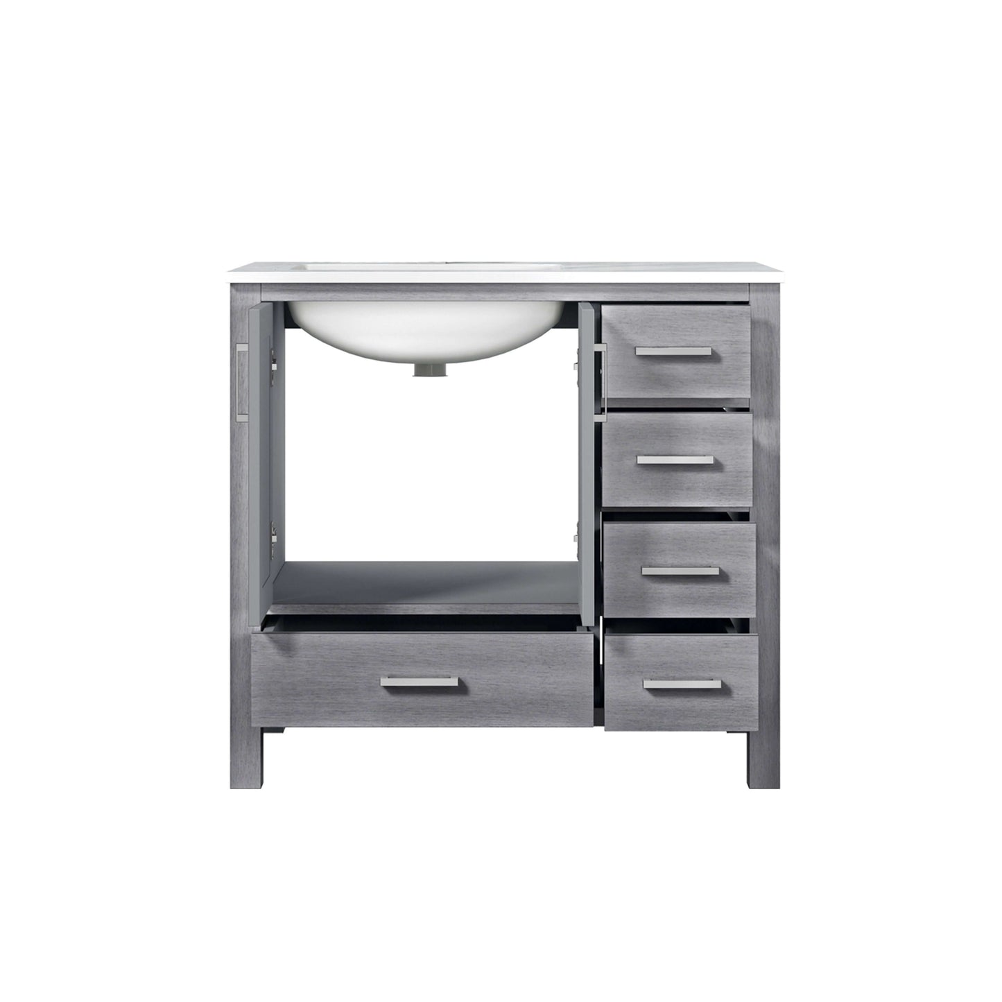 Jacques 36" Distressed Grey Single Vanity, White Carrara Marble Top, White Square Sink and no Mirror - Left Version - LJ342236SDDS000L