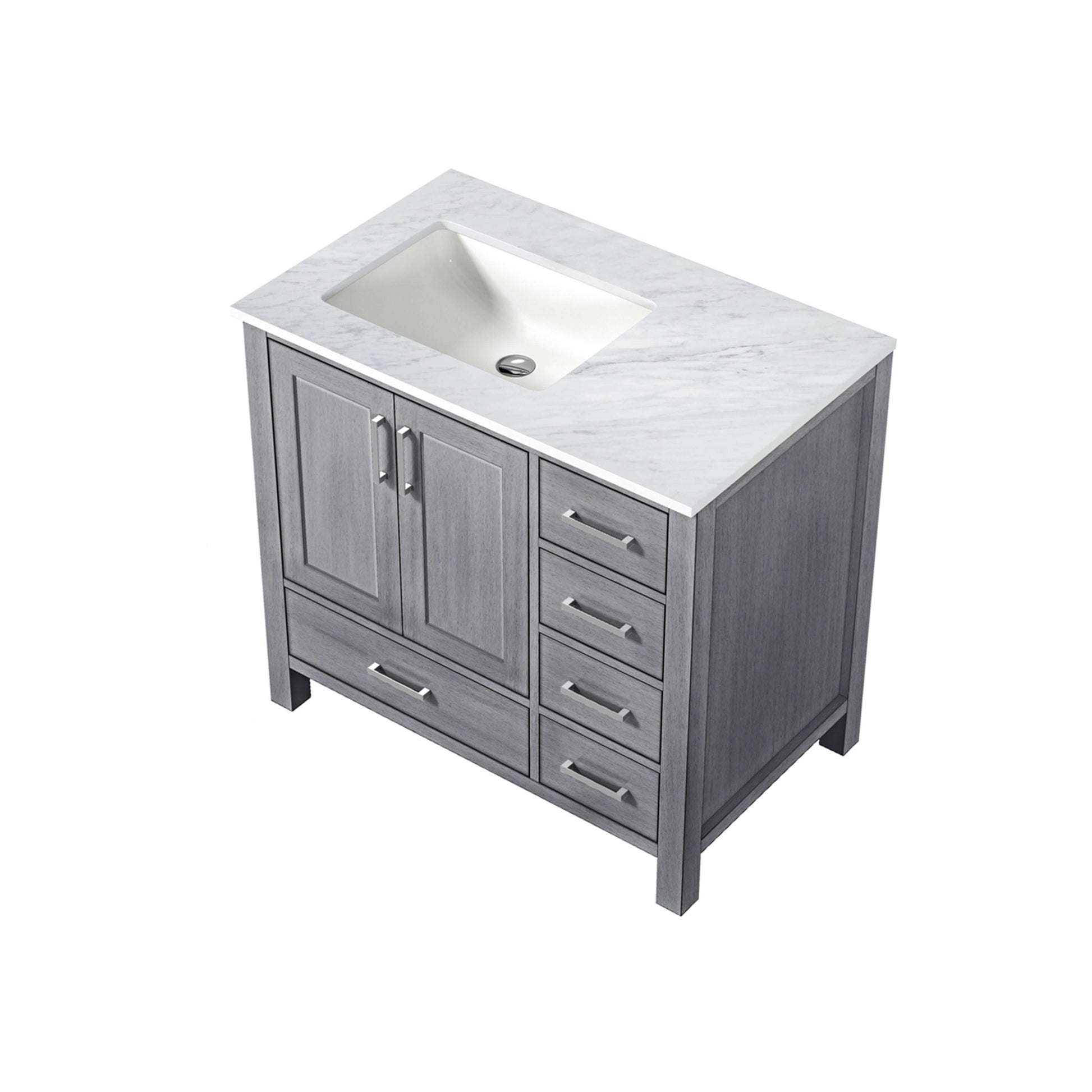 Jacques 36" Distressed Grey Single Vanity, White Carrara Marble Top, White Square Sink and no Mirror - Left Version - LJ342236SDDS000L