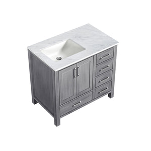 Jacques 36" Distressed Grey Single Vanity, White Carrara Marble Top, White Square Sink and no Mirror - Left Version - LJ342236SDDS000L