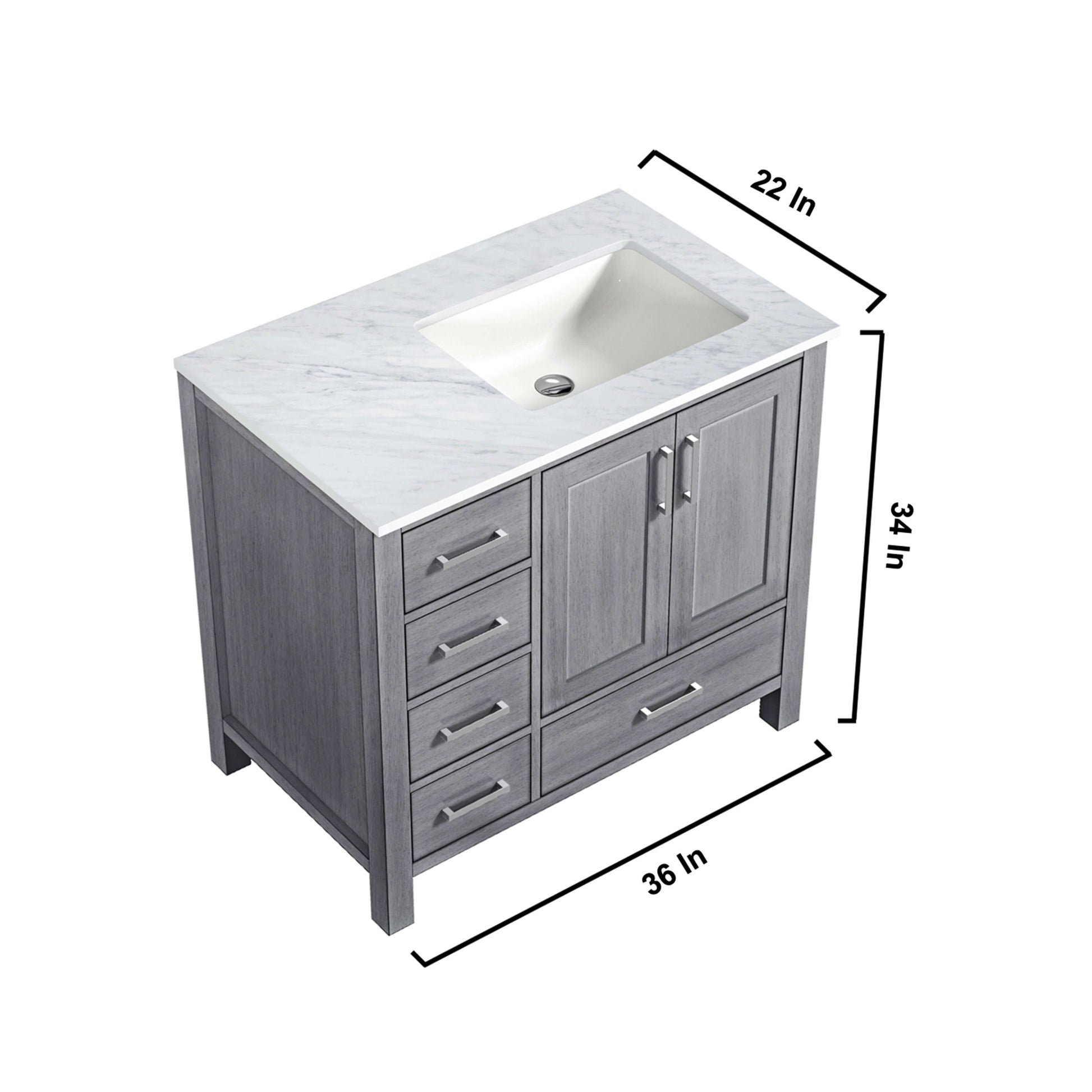 Jacques 36" Distressed Grey Single Vanity, White Carrara Marble Top, White Square Sink and no Mirror - Right Version - LJ342236SDDS000R