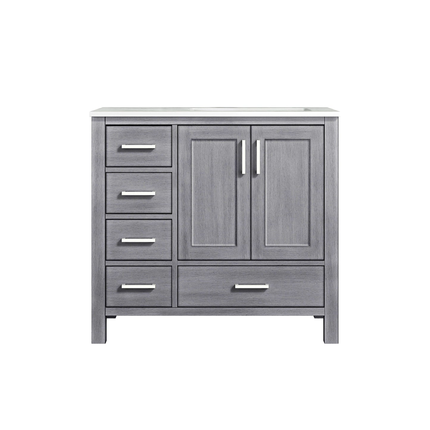 Jacques 36" Distressed Grey Single Vanity, White Carrara Marble Top, White Square Sink and no Mirror - Right Version - LJ342236SDDS000R