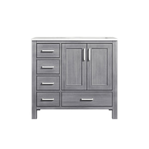 Jacques 36" Distressed Grey Single Vanity, White Carrara Marble Top, White Square Sink and no Mirror - Right Version - LJ342236SDDS000R