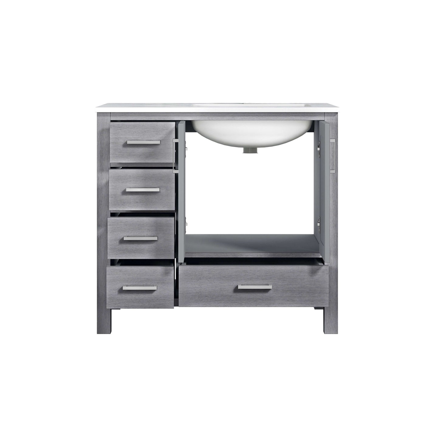 Jacques 36" Distressed Grey Single Vanity, White Carrara Marble Top, White Square Sink and no Mirror - Right Version - LJ342236SDDS000R