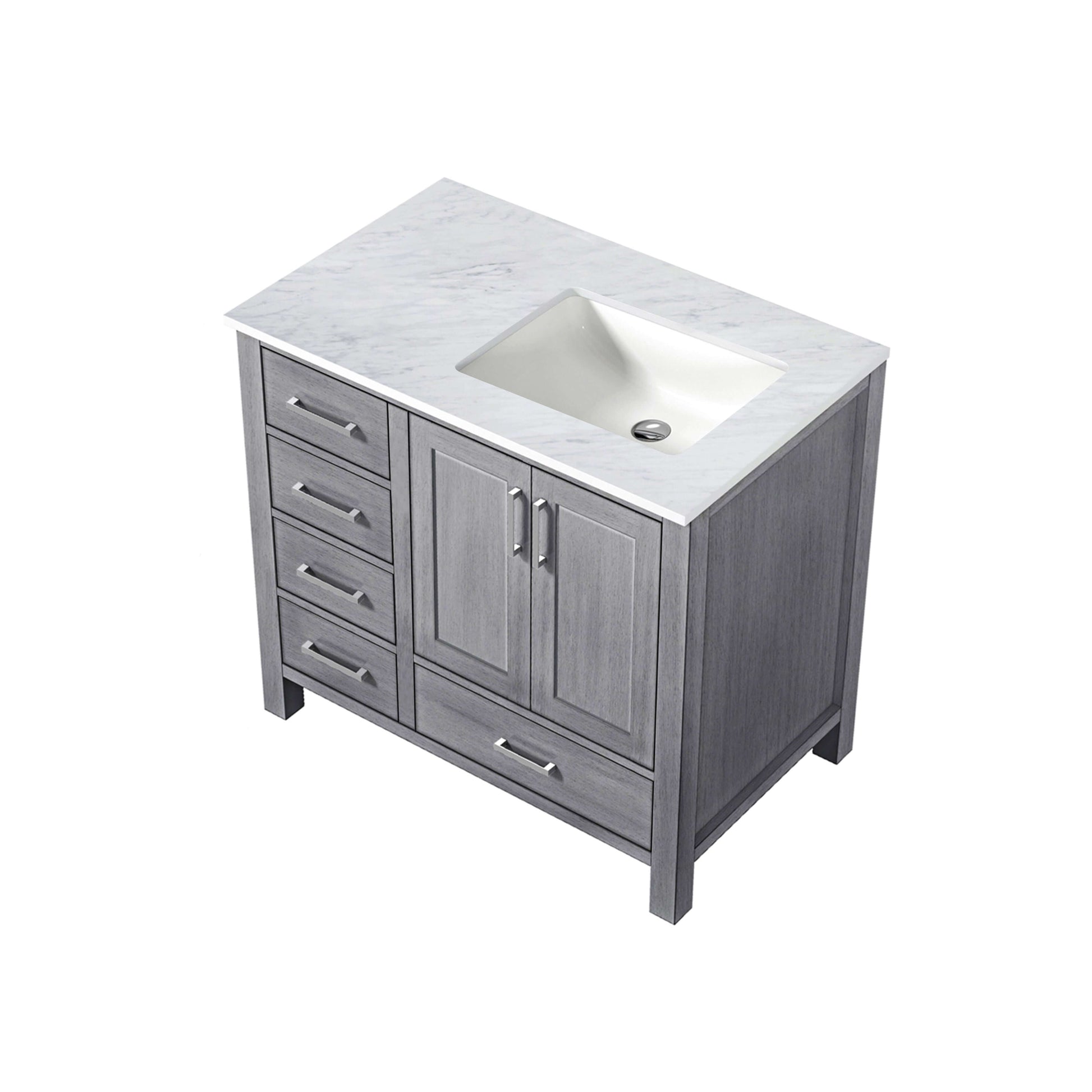 Jacques 36" Distressed Grey Single Vanity, White Carrara Marble Top, White Square Sink and no Mirror - Right Version - LJ342236SDDS000R