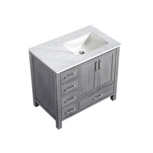 Load image into Gallery viewer, Jacques 36&quot; Distressed Grey Single Vanity, White Carrara Marble Top, White Square Sink and no Mirror - Right Version - LJ342236SDDS000R