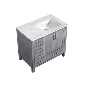 Jacques 36" Distressed Grey Single Vanity, White Carrara Marble Top, White Square Sink and no Mirror - Right Version - LJ342236SDDS000R