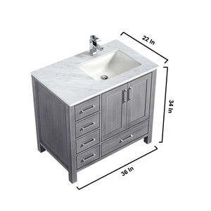 Jacques 36" Distressed Grey Single Vanity, White Carrara Marble Top, White Square Sink and 34" Mirror w/ Faucet - Right Version - LJ342236SDDSM34FR