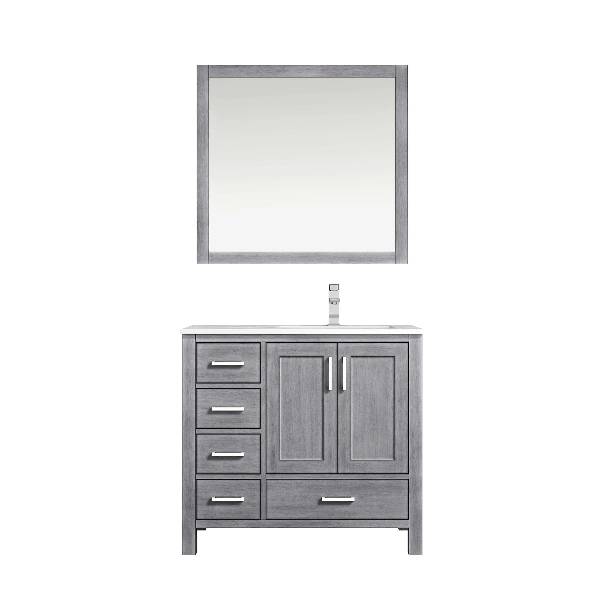 Jacques 36" Distressed Grey Single Vanity, White Carrara Marble Top, White Square Sink and 34" Mirror w/ Faucet - Right Version - LJ342236SDDSM34FR