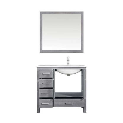 Jacques 36" Distressed Grey Single Vanity, White Carrara Marble Top, White Square Sink and 34" Mirror w/ Faucet - Right Version - LJ342236SDDSM34FR