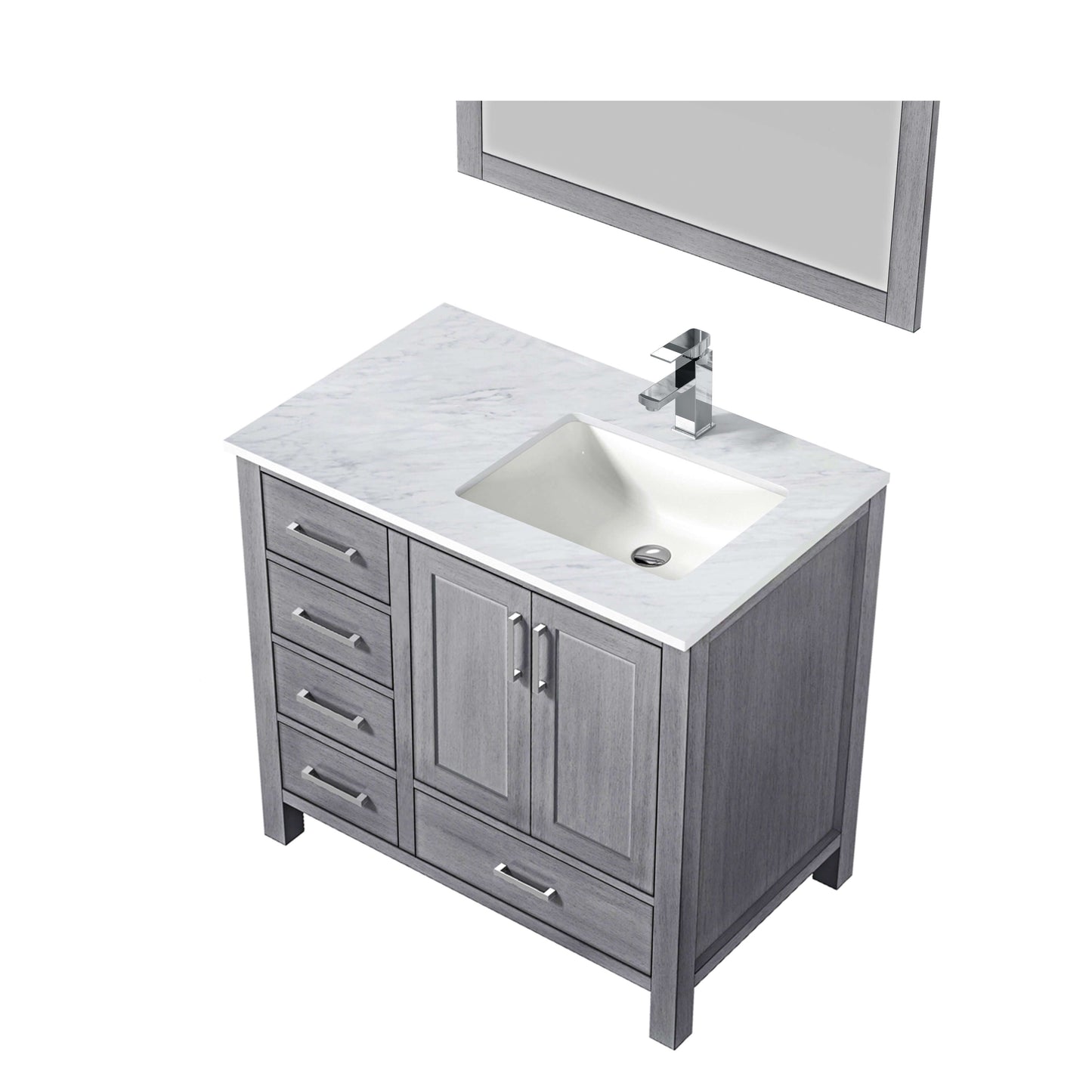 Jacques 36" Distressed Grey Single Vanity, White Carrara Marble Top, White Square Sink and 34" Mirror w/ Faucet - Right Version - LJ342236SDDSM34FR