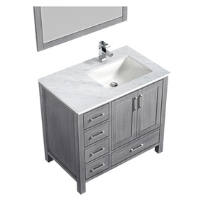 Jacques 36" Distressed Grey Single Vanity, White Carrara Marble Top, White Square Sink and 34" Mirror w/ Faucet - Right Version - LJ342236SDDSM34FR