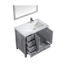 Load image into Gallery viewer, Jacques 36&quot; Distressed Grey Single Vanity, White Carrara Marble Top, White Square Sink and 34&quot; Mirror w/ Faucet - Right Version - LJ342236SDDSM34FR