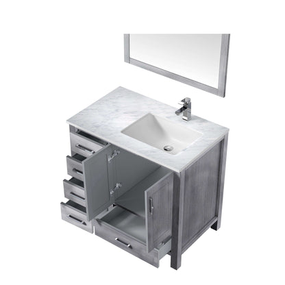 Jacques 36" Distressed Grey Single Vanity, White Carrara Marble Top, White Square Sink and 34" Mirror w/ Faucet - Right Version - LJ342236SDDSM34FR