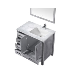 Load image into Gallery viewer, Jacques 36&quot; Distressed Grey Single Vanity, White Carrara Marble Top, White Square Sink and 34&quot; Mirror w/ Faucet - Right Version - LJ342236SDDSM34FR