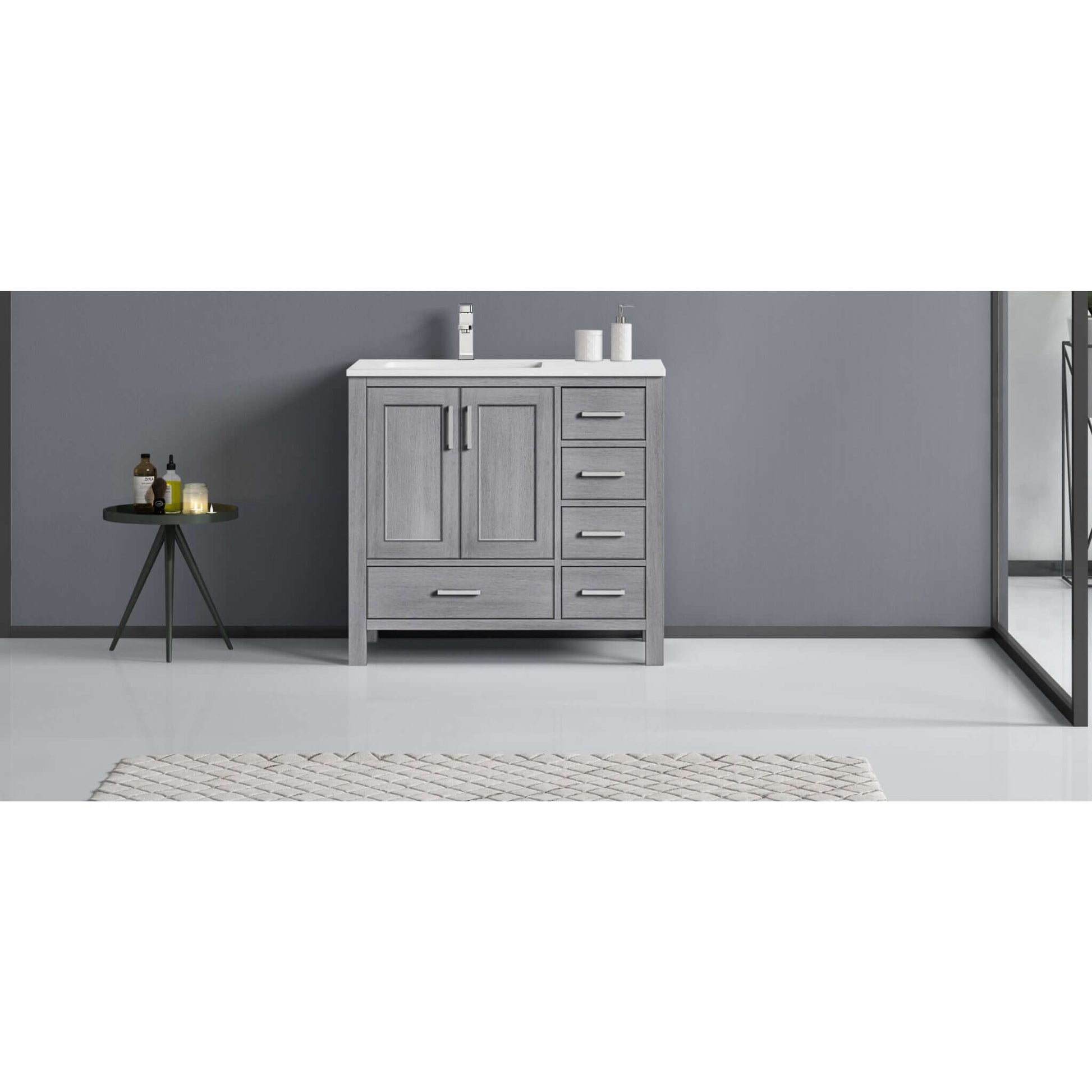 Jacques 36" Distressed Grey Single Vanity, White Quartz Top, White Square Sink and no Mirror - Left Version - LJ342236SDWQ000L