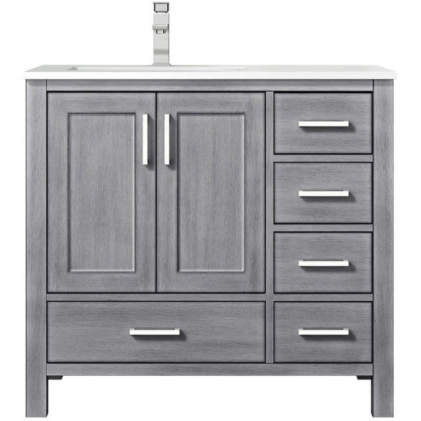 Jacques 36" Distressed Grey Single Vanity, White Quartz Top, White Square Sink and no Mirror - Left Version - LJ342236SDWQ000L