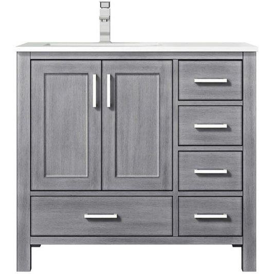 Jacques 36" Distressed Grey Single Vanity, White Quartz Top, White Square Sink and no Mirror - Left Version - LJ342236SDWQ000L