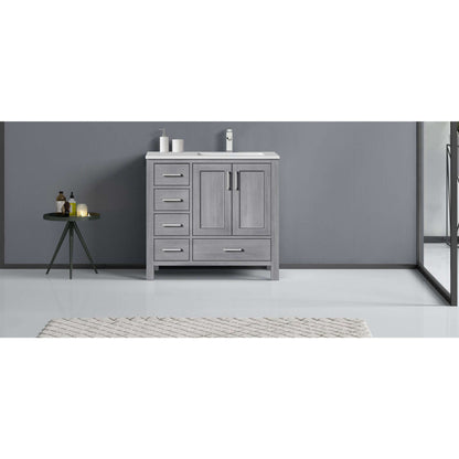 Jacques 36" Distressed Grey Single Vanity, White Quartz Top, White Square Sink and no Mirror - Right Version - LJ342236SDWQ000R