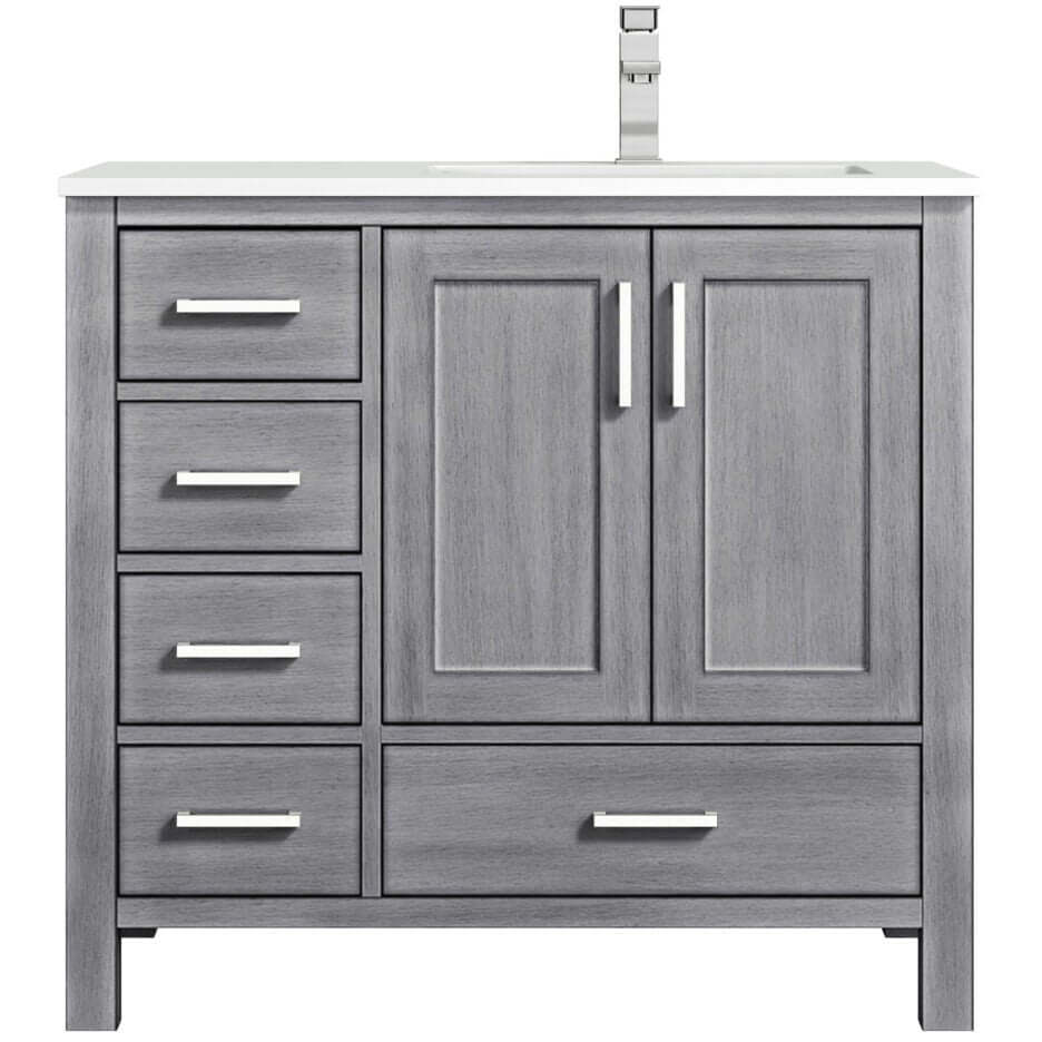 Jacques 36" Distressed Grey Single Vanity, White Quartz Top, White Square Sink and no Mirror - Right Version - LJ342236SDWQ000R