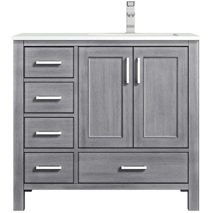 Jacques 36" Distressed Grey Single Vanity, White Quartz Top, White Square Sink and no Mirror - Right Version - LJ342236SDWQ000R