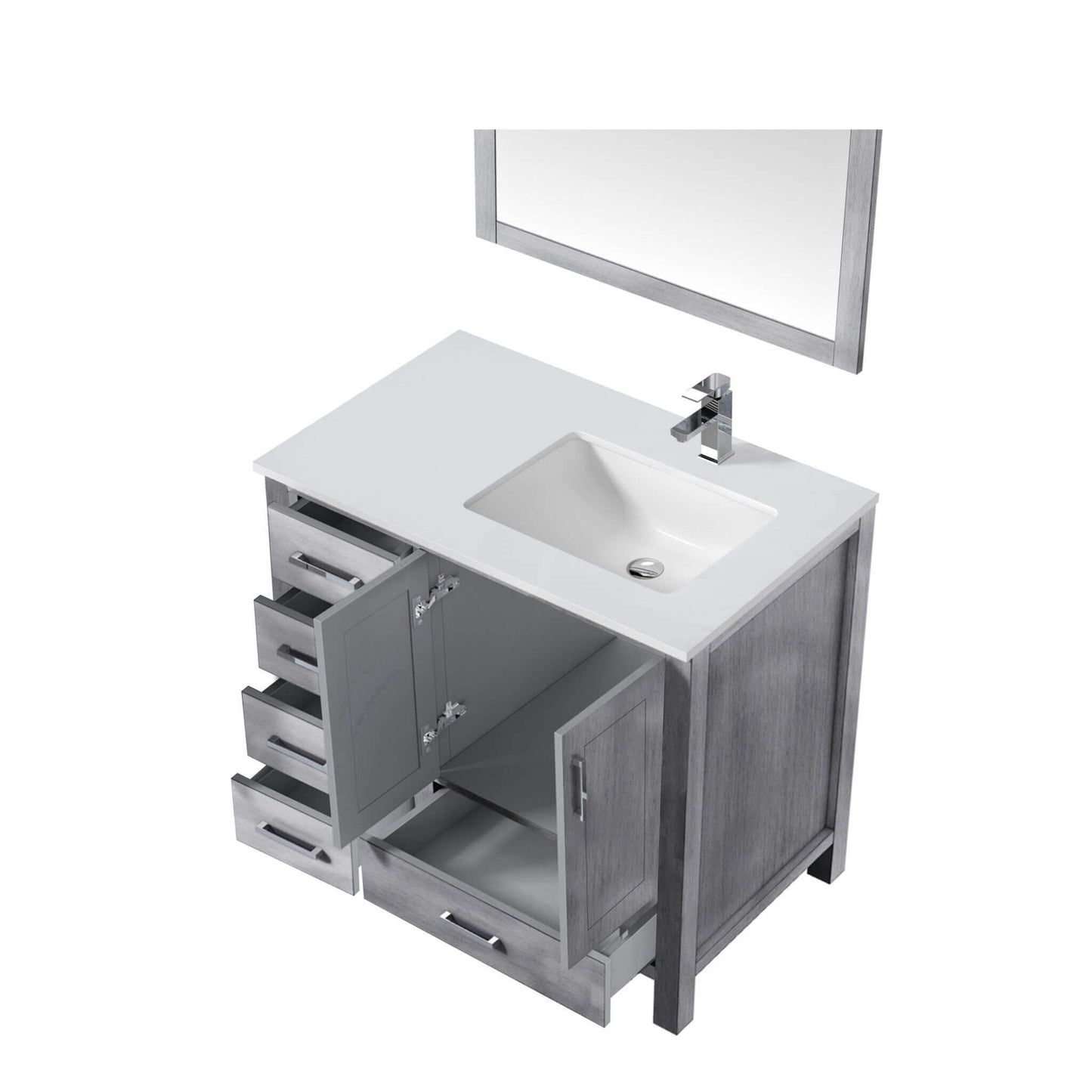 Jacques 36" Distressed Grey Single Vanity, White Quartz Top, White Square Sink and no Mirror - Right Version - LJ342236SDWQ000R