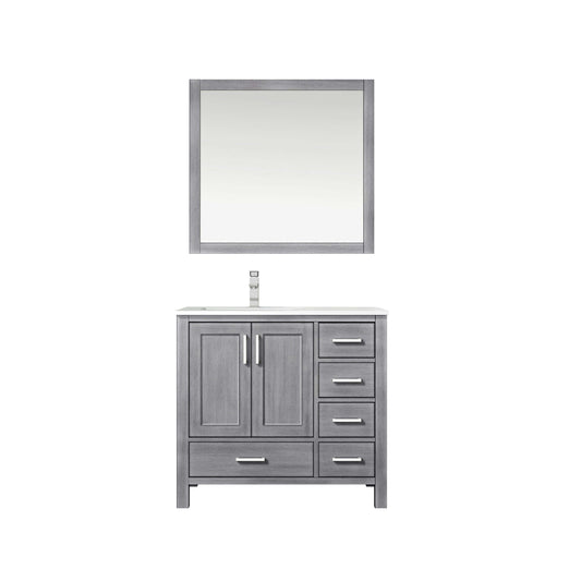 Jacques 36" Distressed Grey Single Vanity, White Quartz Top, White Square Sink and 34" Mirror w/ Faucet - Left Version - LJ342236SDWQM34FL