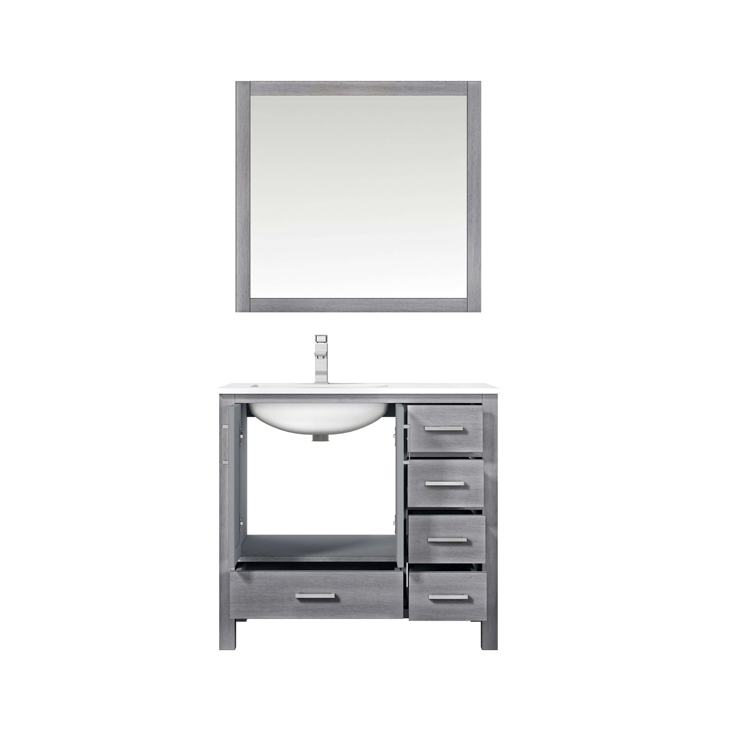 Jacques 36" Distressed Grey Single Vanity, White Quartz Top, White Square Sink and 34" Mirror - Left Version - LJ342236SDWQM34L