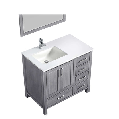 Jacques 36" Distressed Grey Single Vanity, White Quartz Top, White Square Sink and 34" Mirror - Left Version - LJ342236SDWQM34L