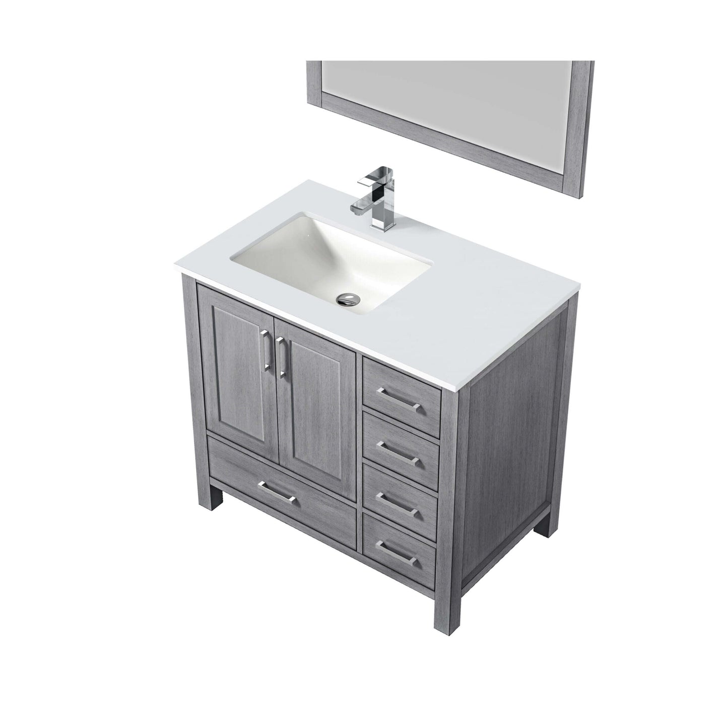 Jacques 36" Distressed Grey Single Vanity, White Quartz Top, White Square Sink and 34" Mirror - Left Version - LJ342236SDWQM34L