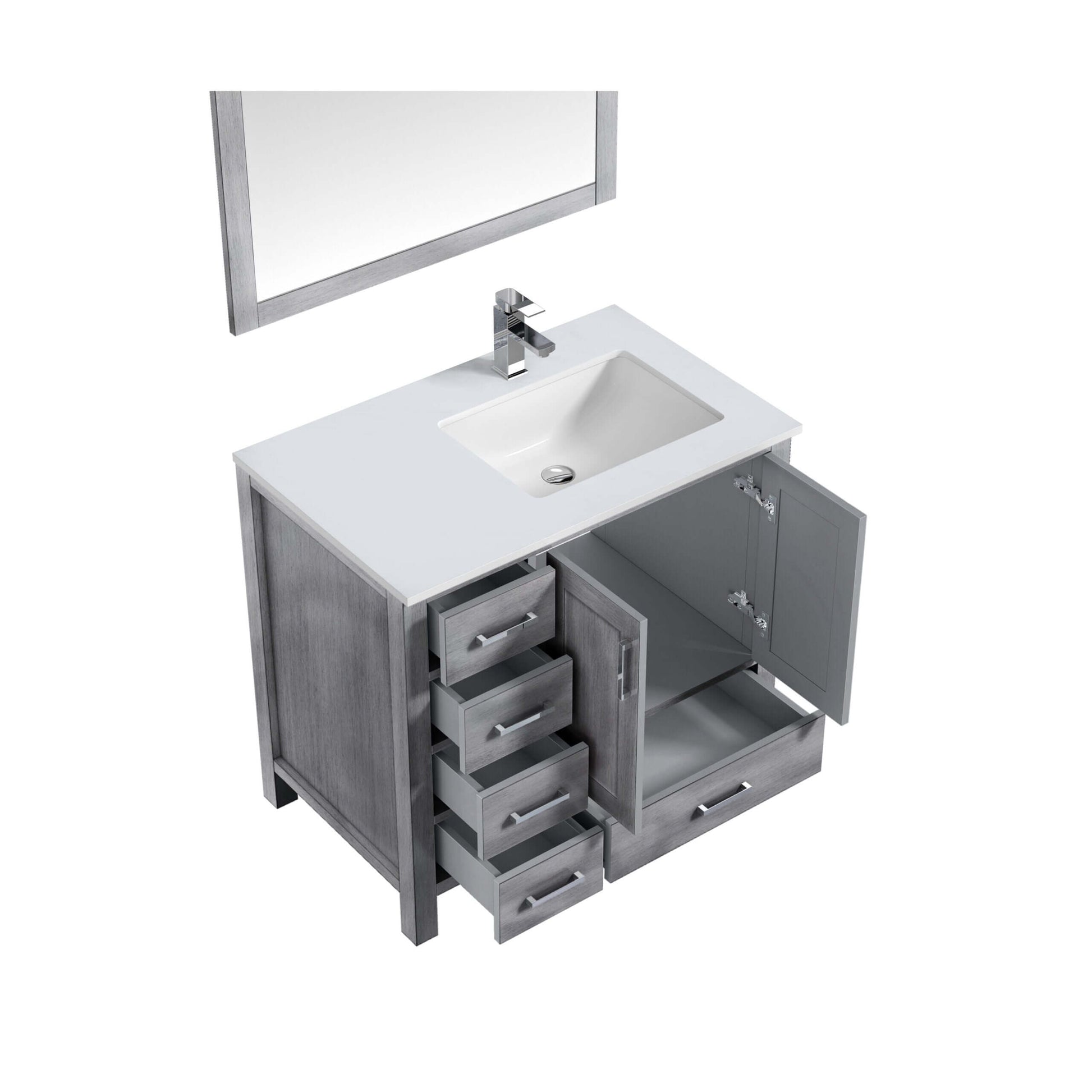 Jacques 36" Distressed Grey Single Vanity, White Quartz Top, White Square Sink and 34" Mirror - Left Version - LJ342236SDWQM34L