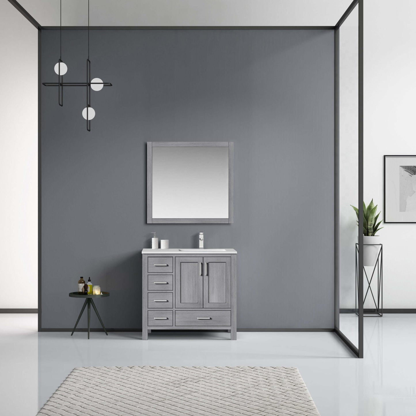 Jacques 36" Distressed Grey Single Vanity, White Quartz Top, White Square Sink and 34" Mirror - Right Version - LJ342236SDWQM34R