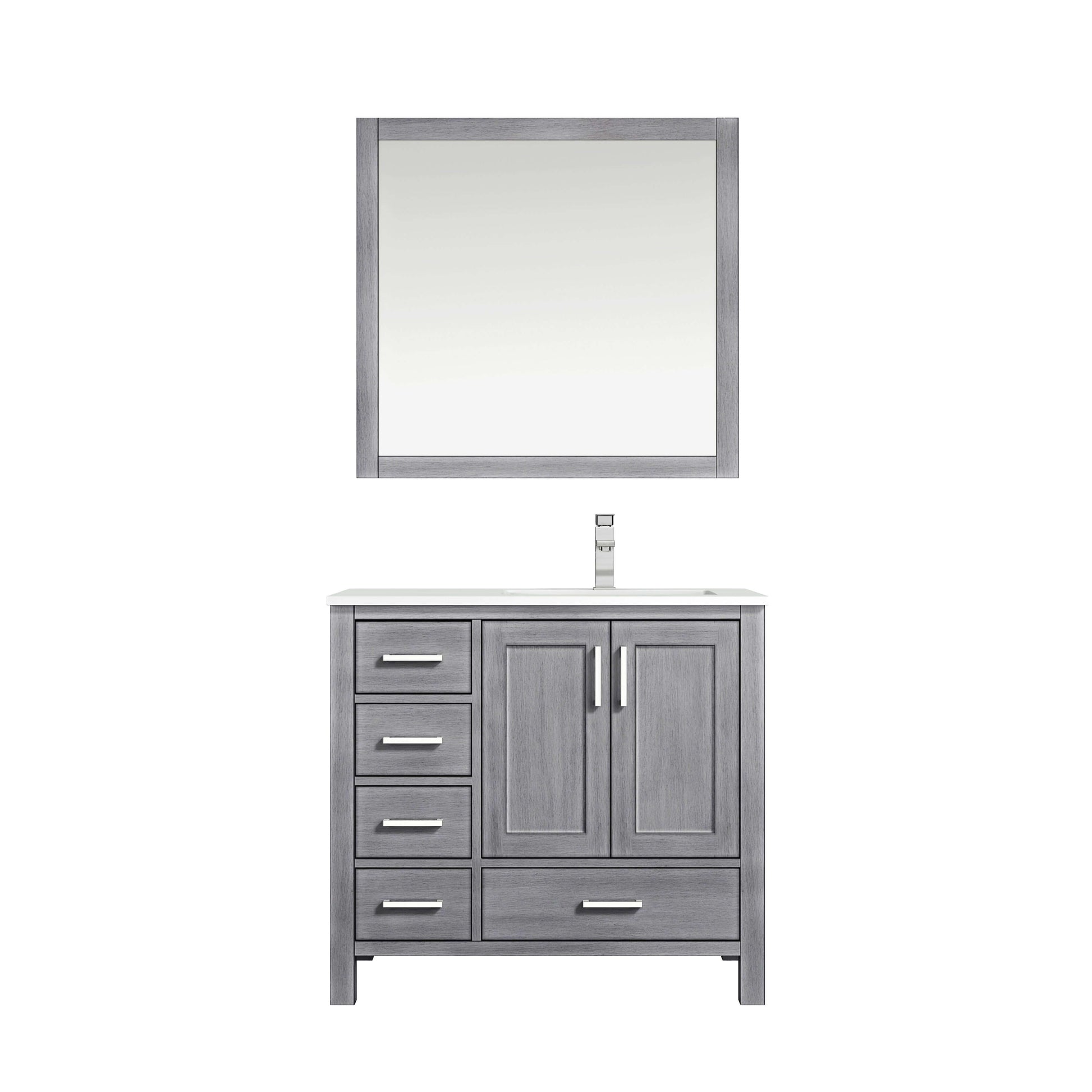 Jacques 36" Distressed Grey Single Vanity, White Quartz Top, White Square Sink and 34" Mirror w/ Faucet - Right Version - LJ342236SDWQM34FR