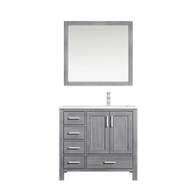 Load image into Gallery viewer, Jacques 36&quot; Distressed Grey Single Vanity, White Quartz Top, White Square Sink and 34&quot; Mirror w/ Faucet - Right Version - LJ342236SDWQM34FR