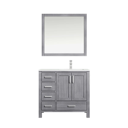 Jacques 36" Distressed Grey Single Vanity, White Quartz Top, White Square Sink and 34" Mirror - Right Version - LJ342236SDWQM34R