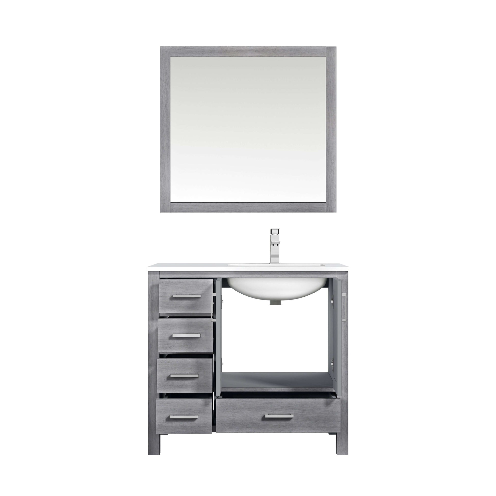 Jacques 36" Distressed Grey Single Vanity, White Quartz Top, White Square Sink and 34" Mirror w/ Faucet - Right Version - LJ342236SDWQM34FR