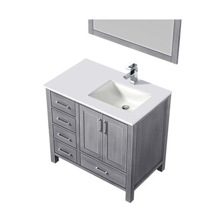 Jacques 36" Distressed Grey Single Vanity, White Quartz Top, White Square Sink and 34" Mirror w/ Faucet - Right Version - LJ342236SDWQM34FR