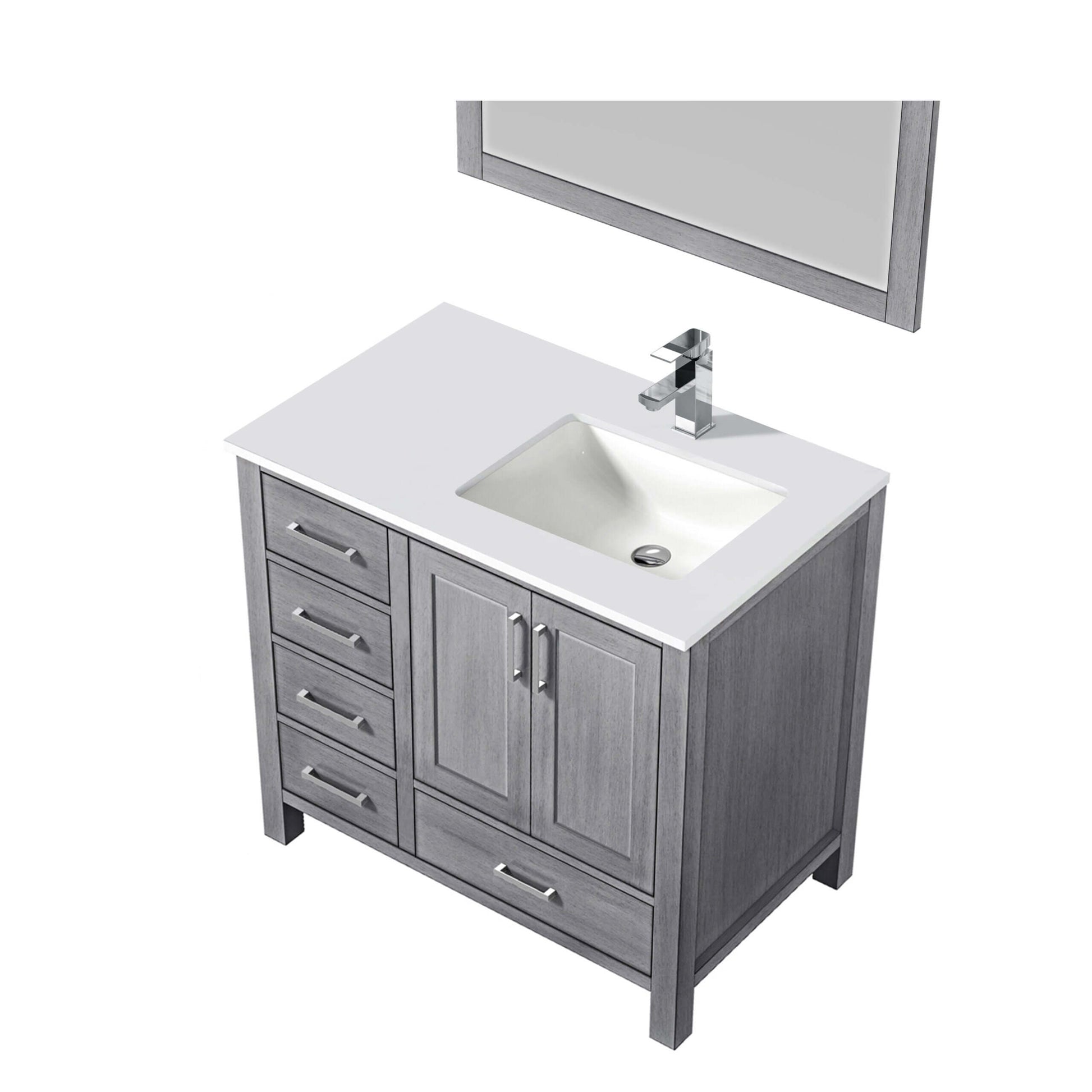 Jacques 36" Distressed Grey Single Vanity, White Quartz Top, White Square Sink and 34" Mirror - Right Version - LJ342236SDWQM34R