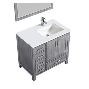 Jacques 36" Distressed Grey Single Vanity, White Quartz Top, White Square Sink and 34" Mirror w/ Faucet - Right Version - LJ342236SDWQM34FR