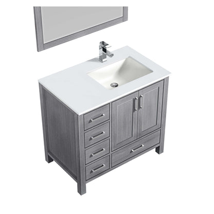 Jacques 36" Distressed Grey Single Vanity, White Quartz Top, White Square Sink and 34" Mirror - Right Version - LJ342236SDWQM34R