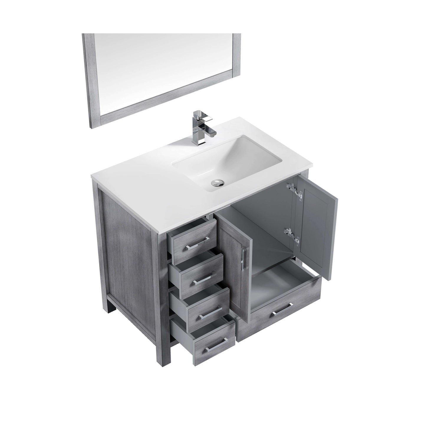 Jacques 36" Distressed Grey Single Vanity, White Quartz Top, White Square Sink and 34" Mirror w/ Faucet - Right Version - LJ342236SDWQM34FR